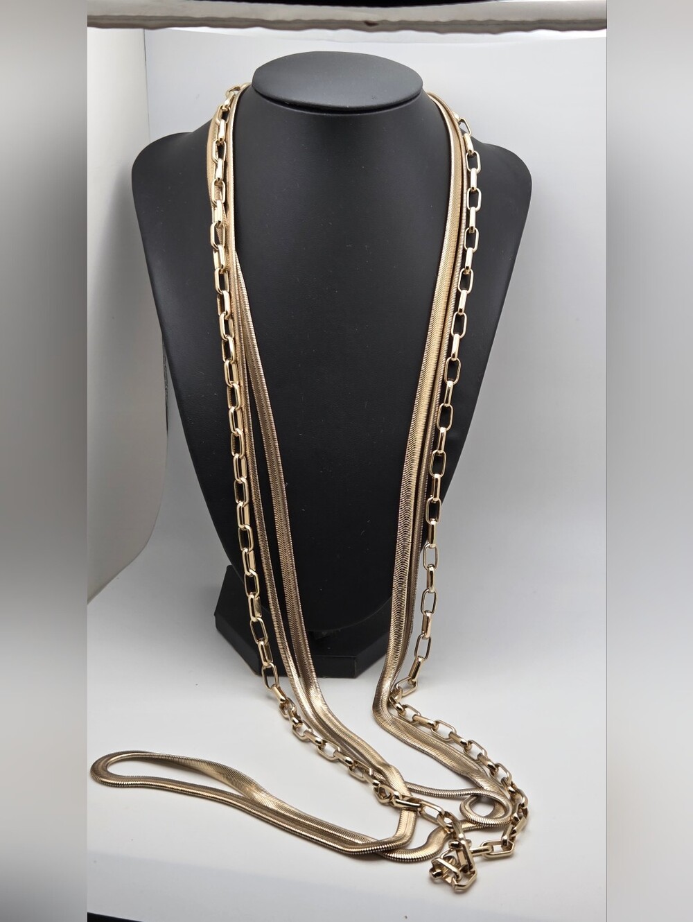 ALDO Gold Tone Multi Strand Layered Necklace Herringbone Snake & Paperclip Chain